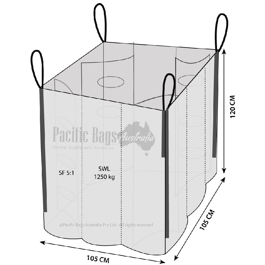 1.25 Tonne - Food Grade - Baffle Spout Top Spout Bottom - Bulk Bag - 105 x 105 x 120 CM