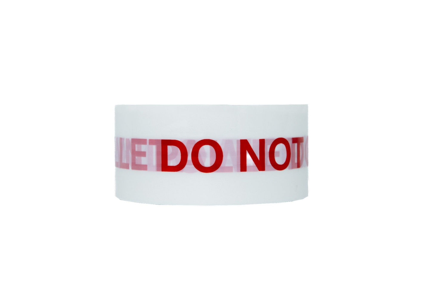 White tape with red text on a white background