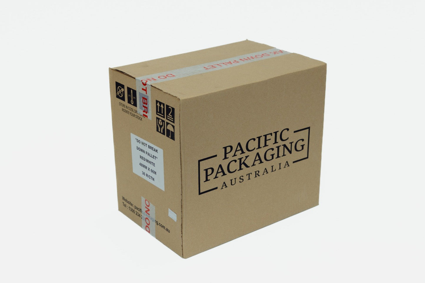 Cardboard box with 'Pacific Packaging Australia' branding on a white background