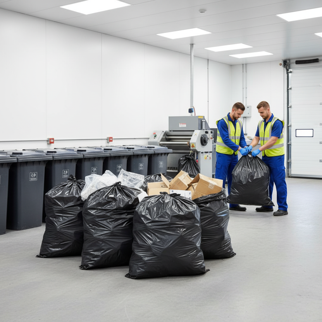 Two workers wearing high-visibility vests lift a black garbage bag in industrial waste room with gray recycling bins and cardboard boxes