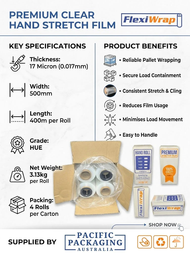 Clear Hand Stretch Film 17 Micron 500mm x 400m, 4 Rolls/Carton