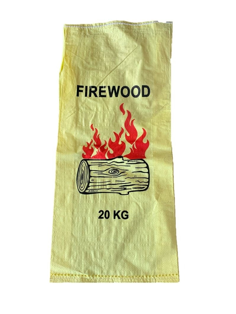 Yellow printed firewood bag with gusset, front view, double-stitched seams