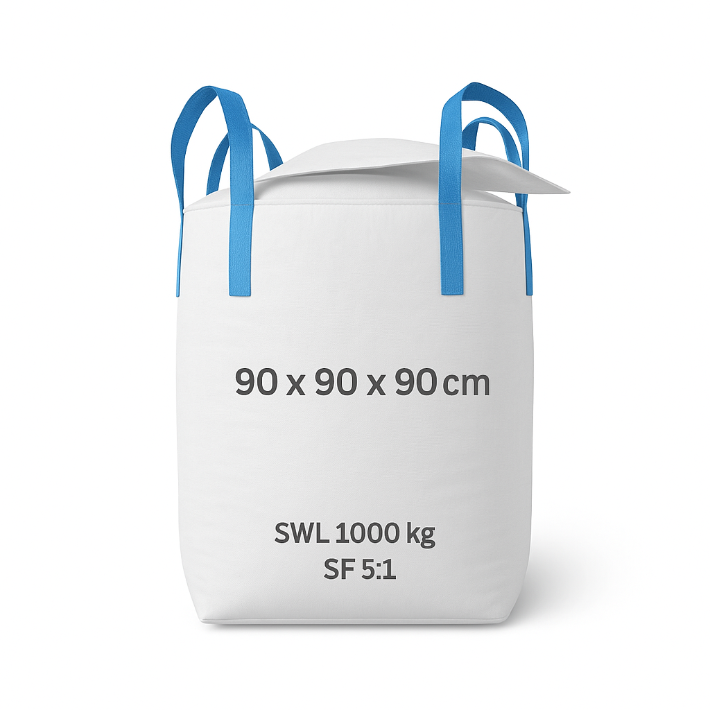White bulk bag with blue handles and specifications on a white background