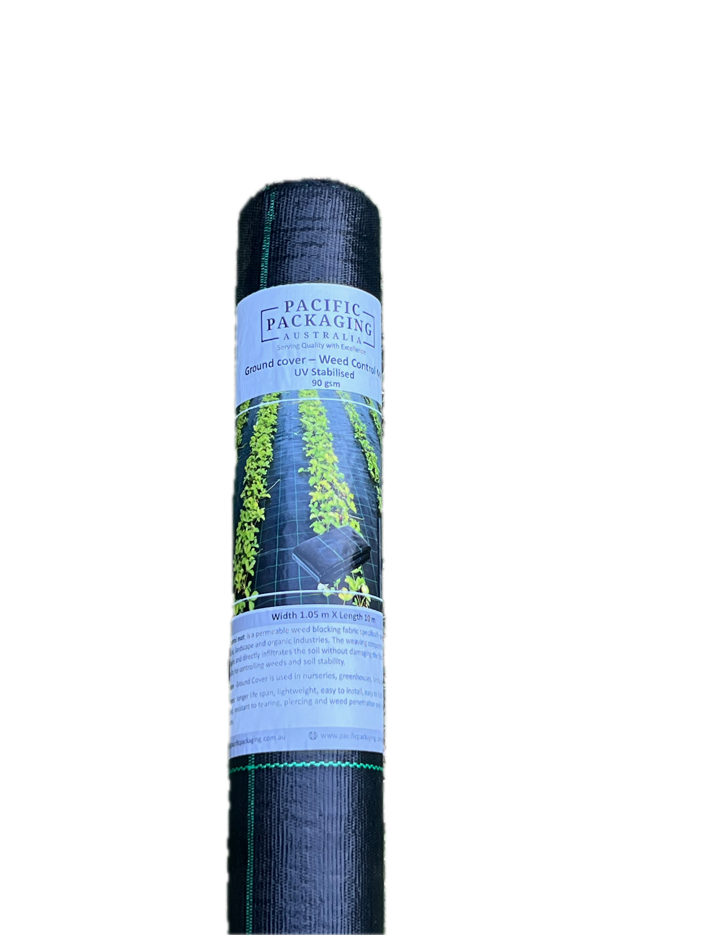 Roll of black tarp with a Pacific Packaging label on a white background