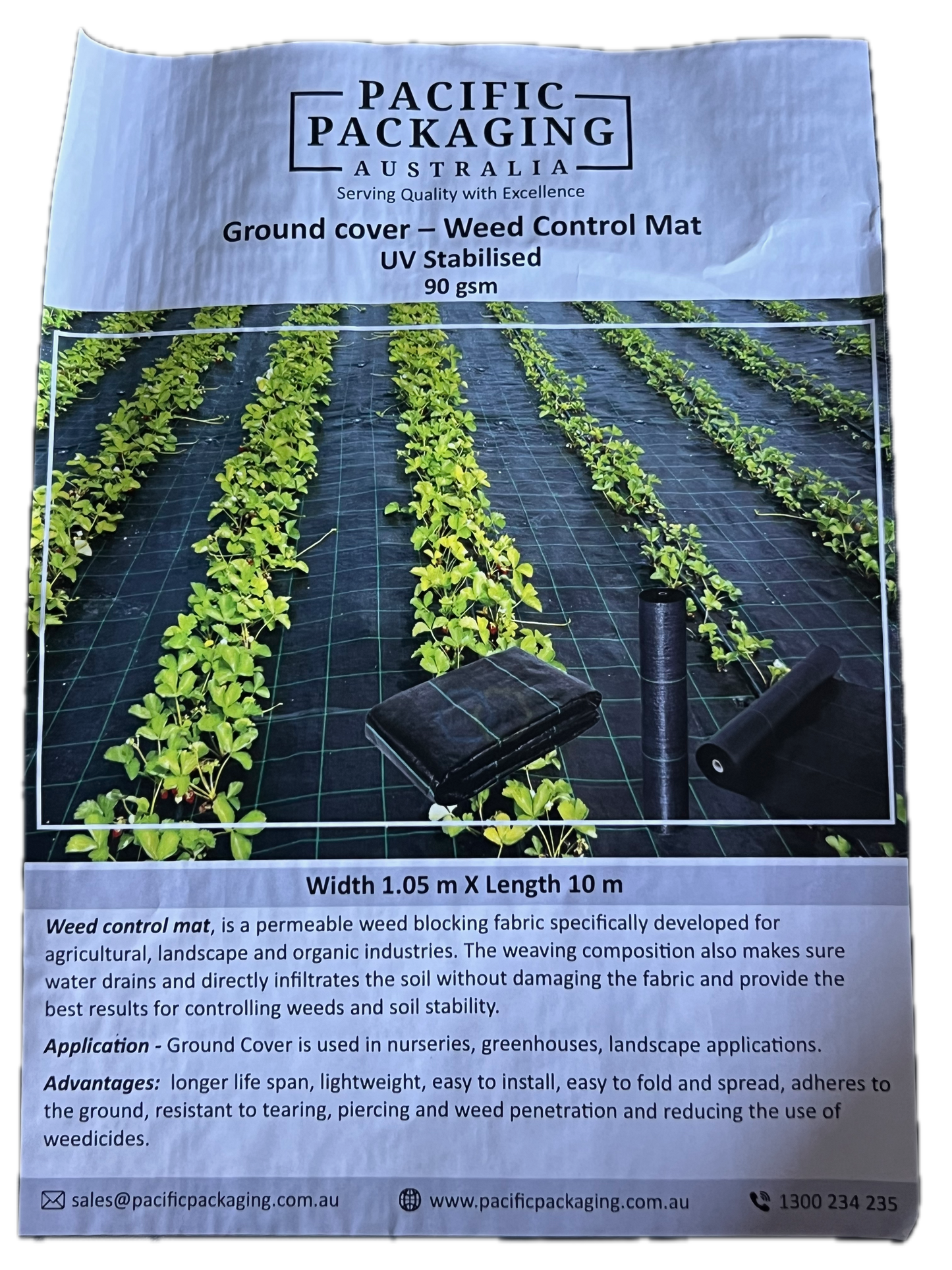 Package of Pacific Packaging Australia ground cover weed control mat with images and text on a white background.