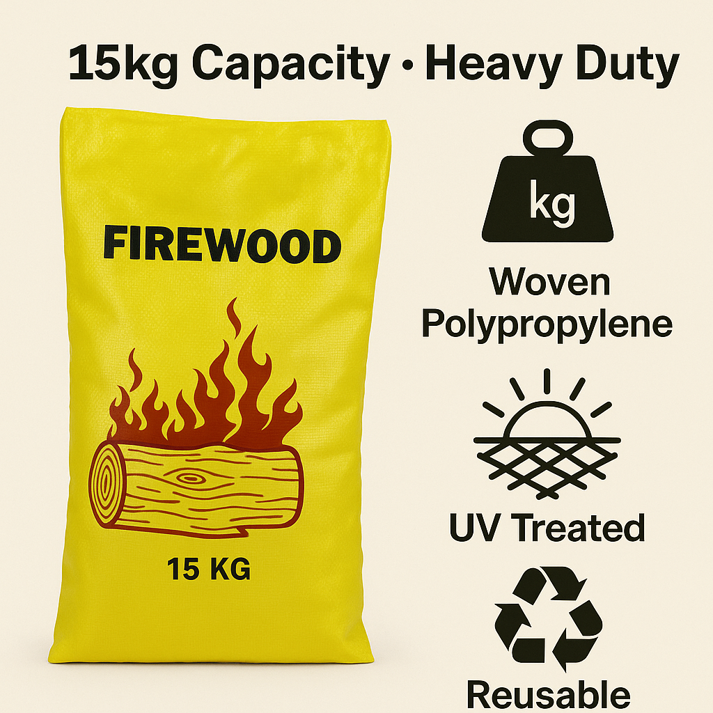 Yellow firewood bag with text and icons on a beige background