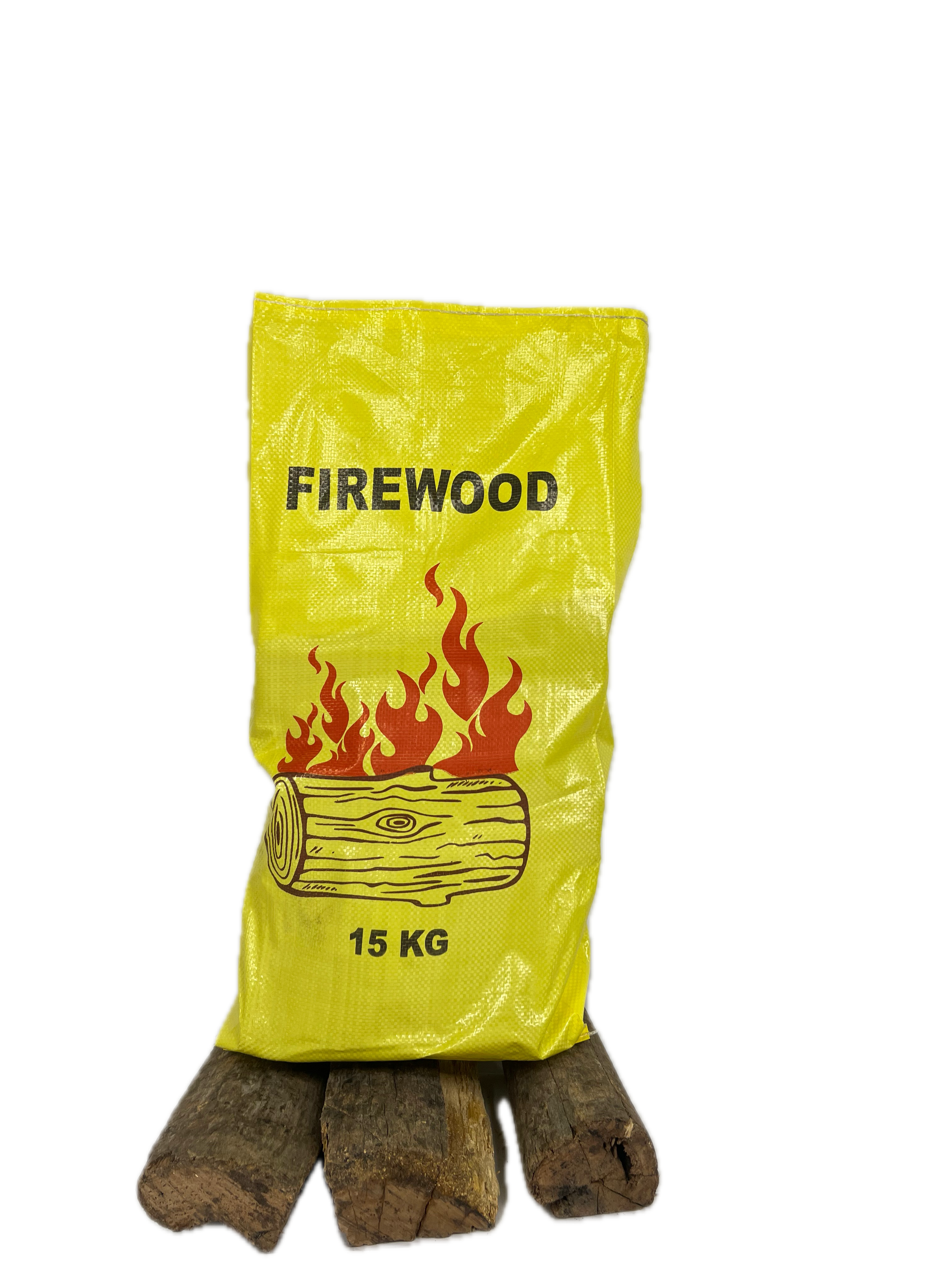 Yellow bag labeled 'Firewood' with a firewood log illustration and weight '15 KG' on a white background.