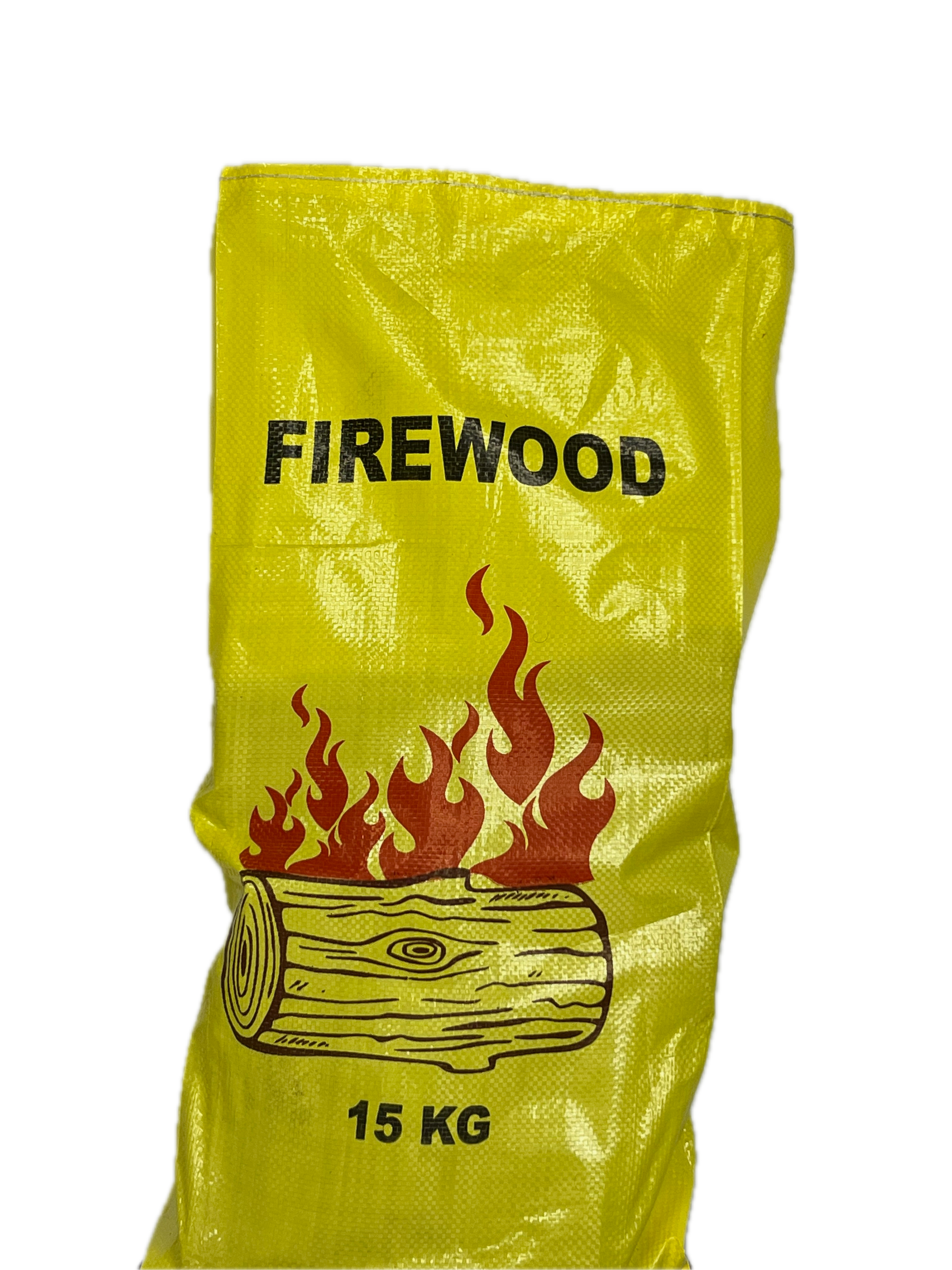 Yellow bag of firewood with text and a firewood illustration on a white background
