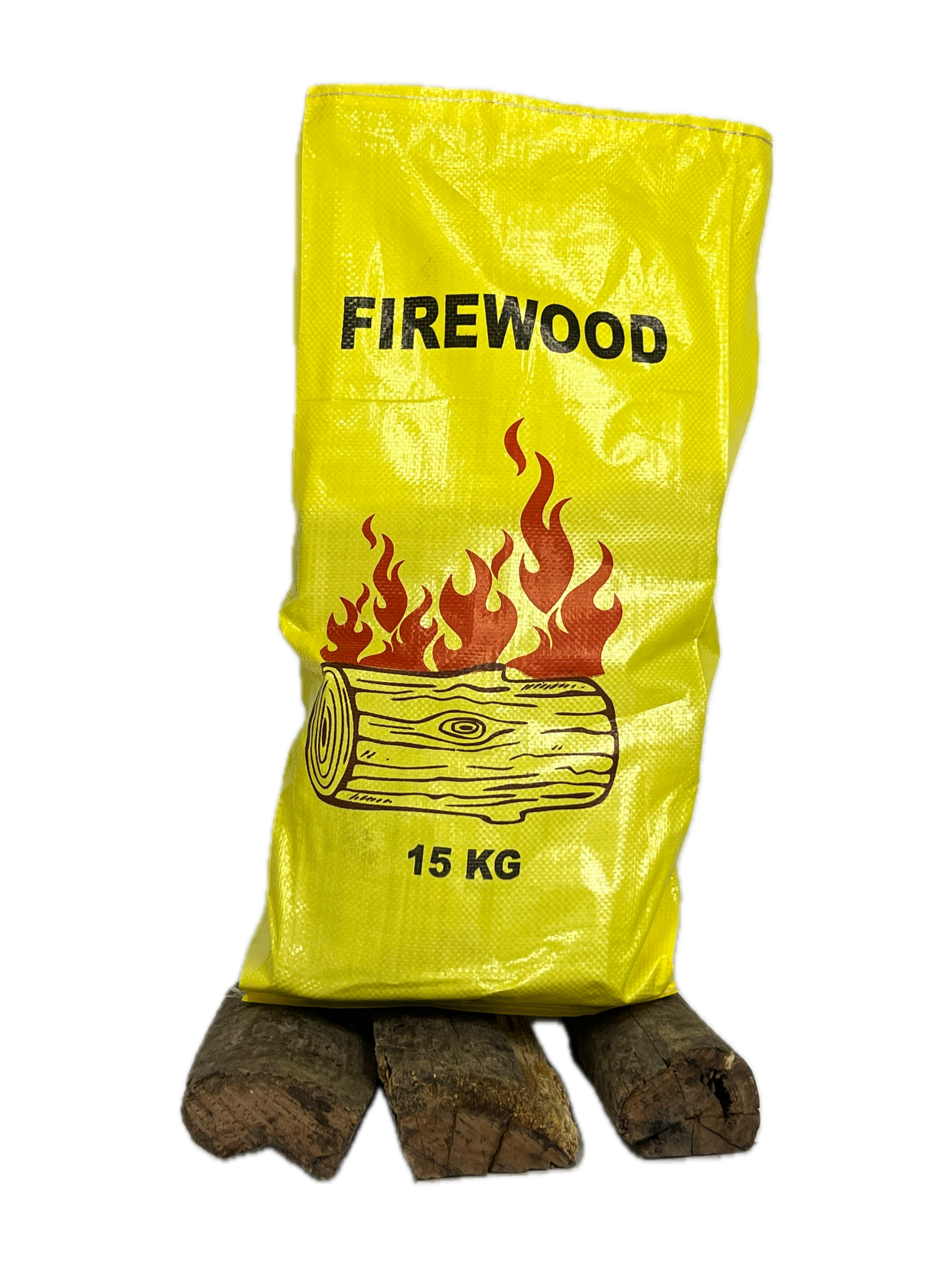 Yellow bag labeled 'Firewood' with a fire icon and weight indication on a white background.
