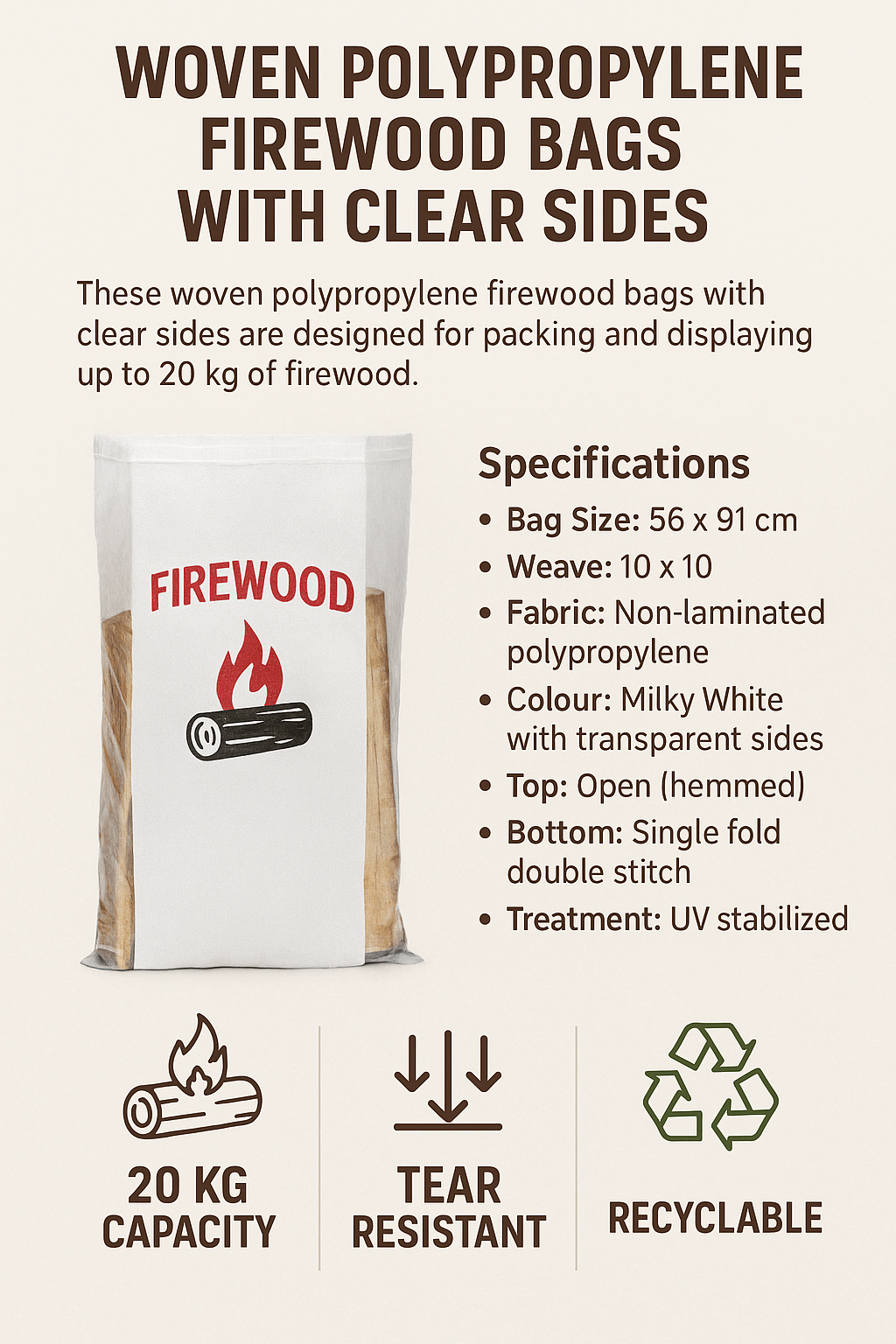 Woven polypropylene firewood bags with clear sides, specifications, and features on a white background.