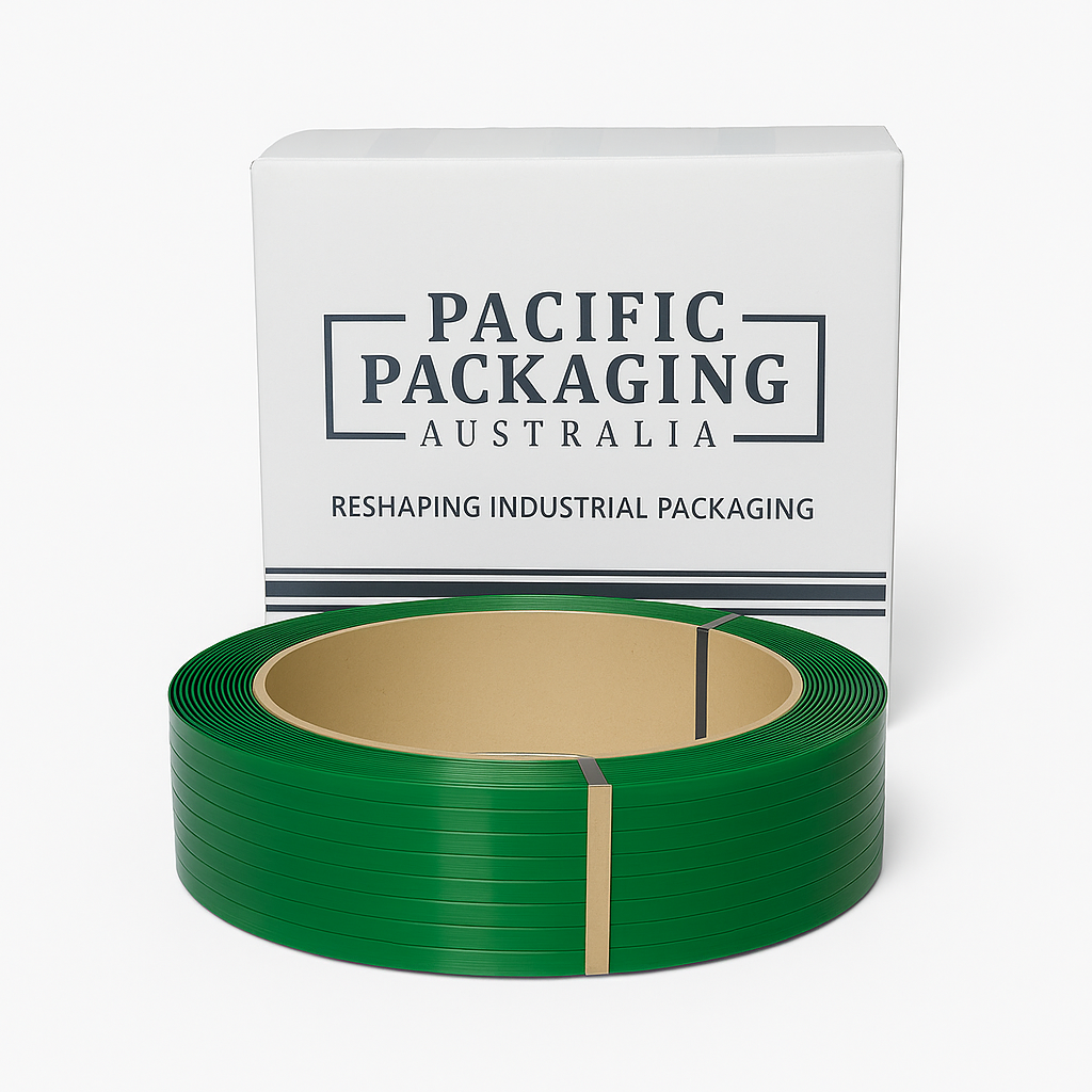 Green packaging PET with Pacific Packaging Australia branding on a white background