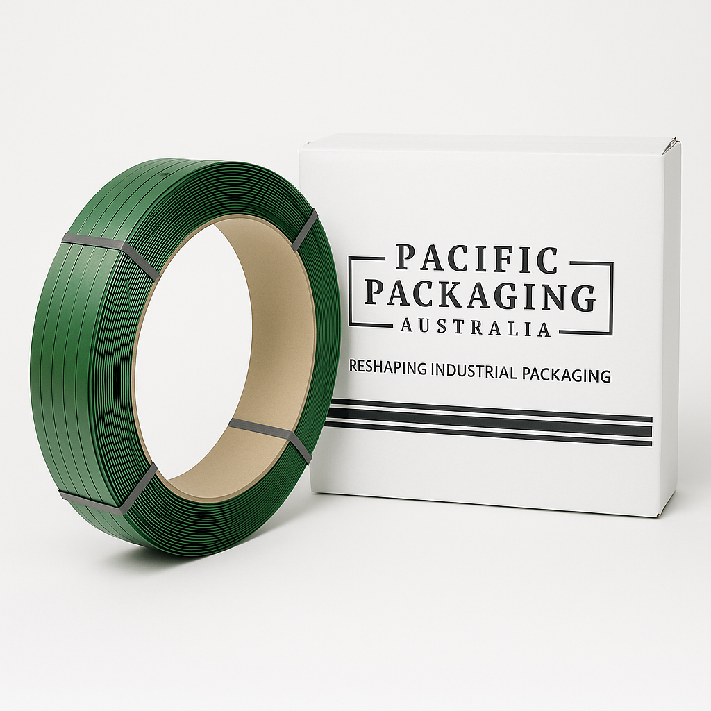 Green packaging roll next to a Pacific Packaging Australia box on a white background