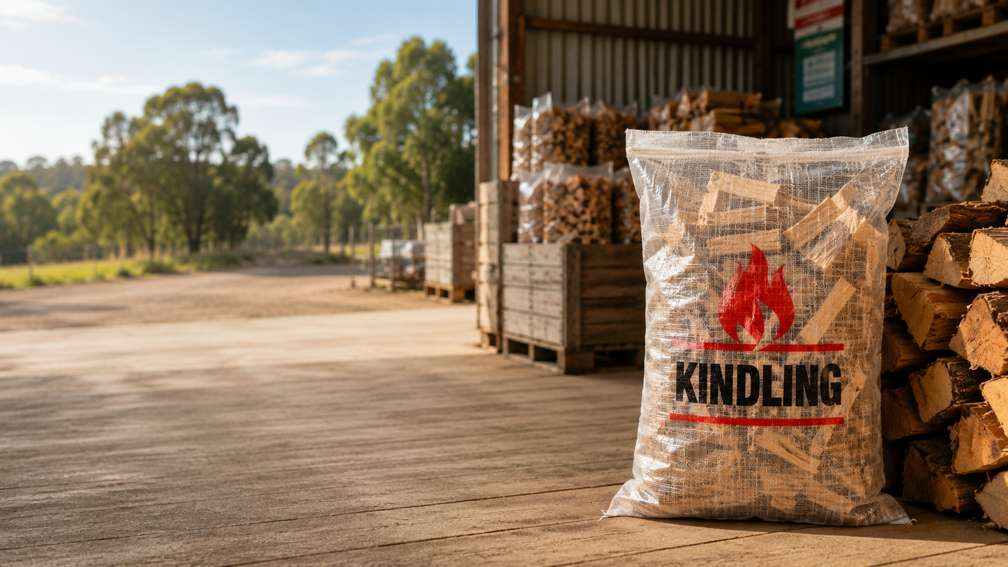 Transparent kindling bag, front view, with printed design and empty interior