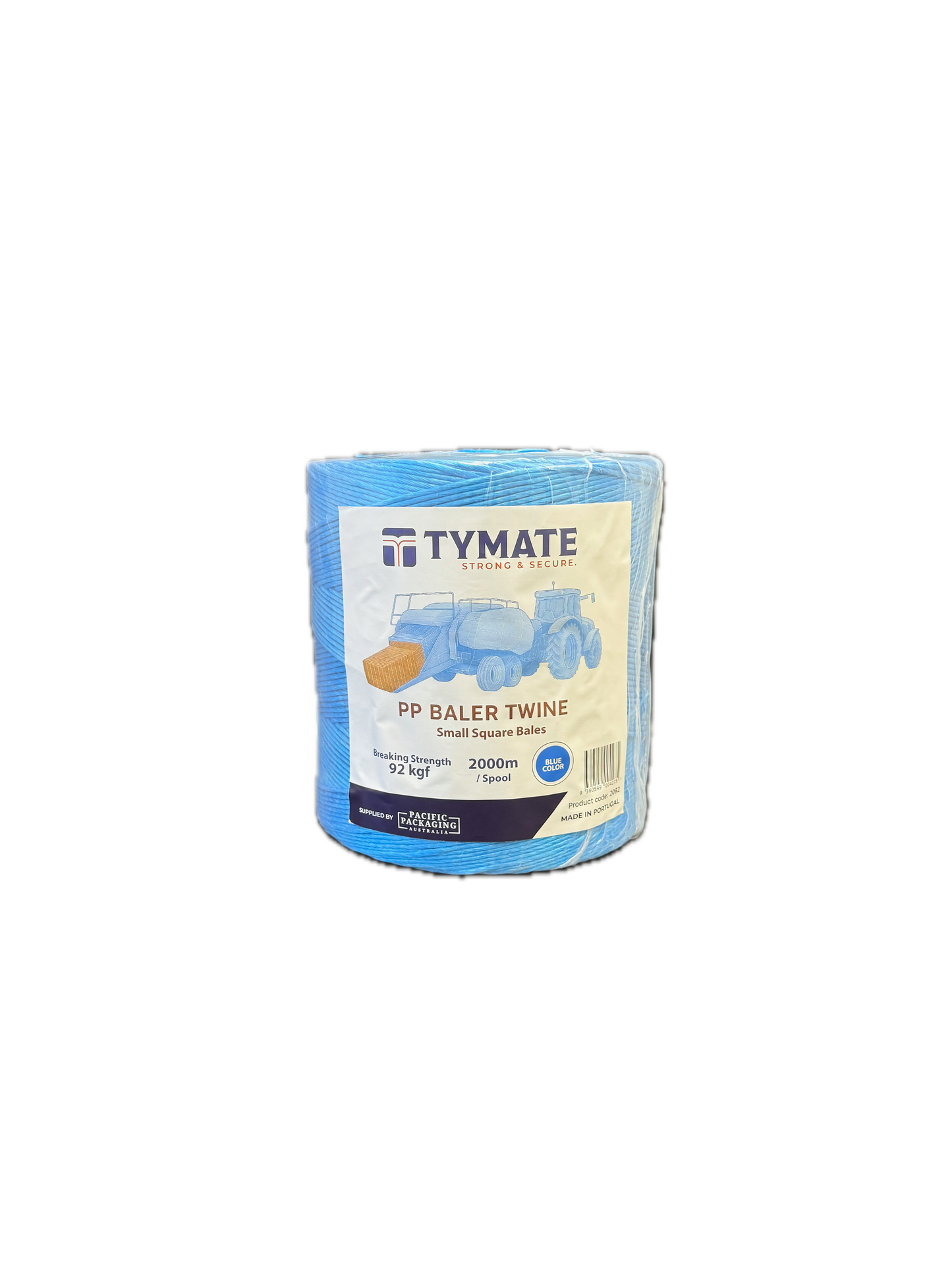 TYMATE PP Baler Twine spool, back view, blue twine wrapped around core