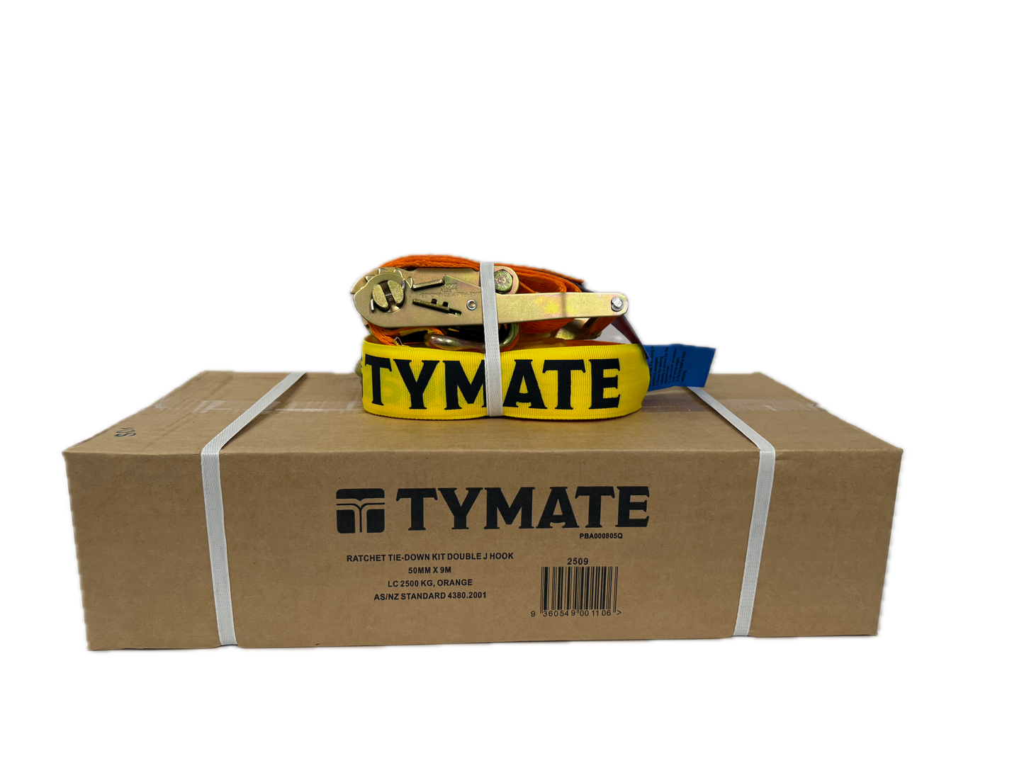 TYMATE Ratchet Tie Down 9m x 50mm LC 2500kg Double J Hooks – Orange