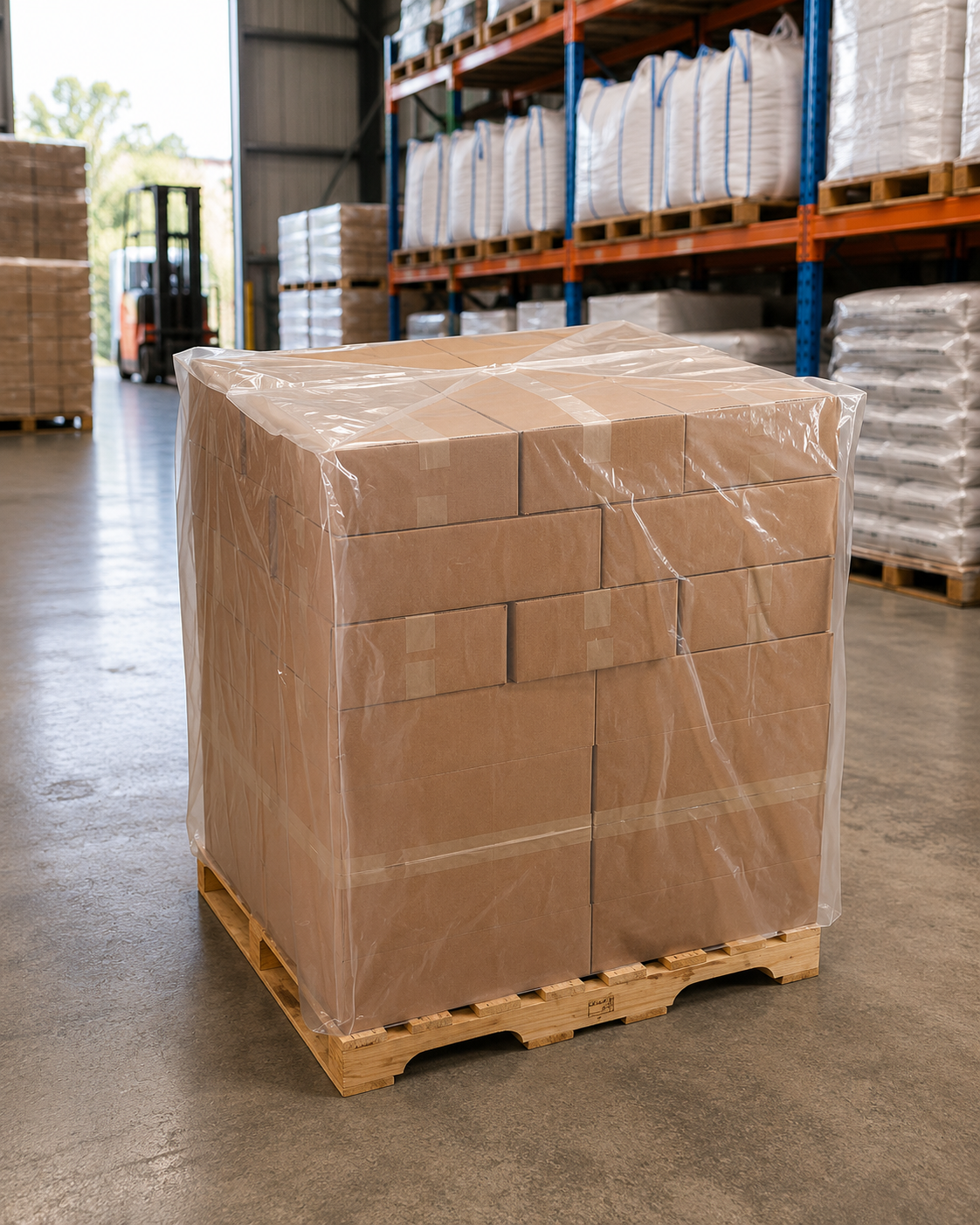Clear LDPE pallet bag wrapped around pallet in warehouse setting
