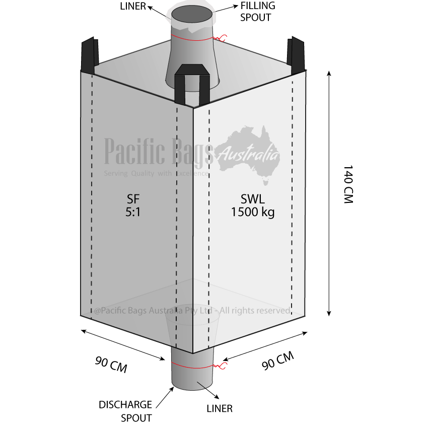 1.5 Tonne - Spout Top Spout Bottom - Liner Bulk Bag - 90 x 90 x 140 cm