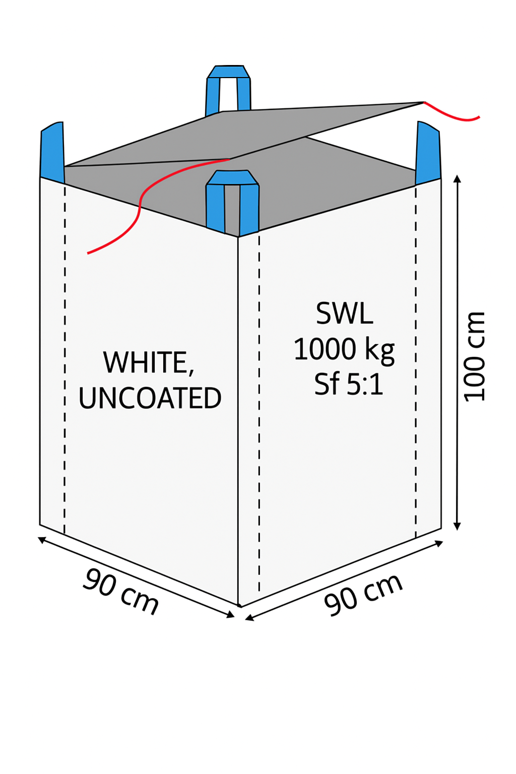 Diagram of a white, uncoated material bag with dimensions and safety weight limit.