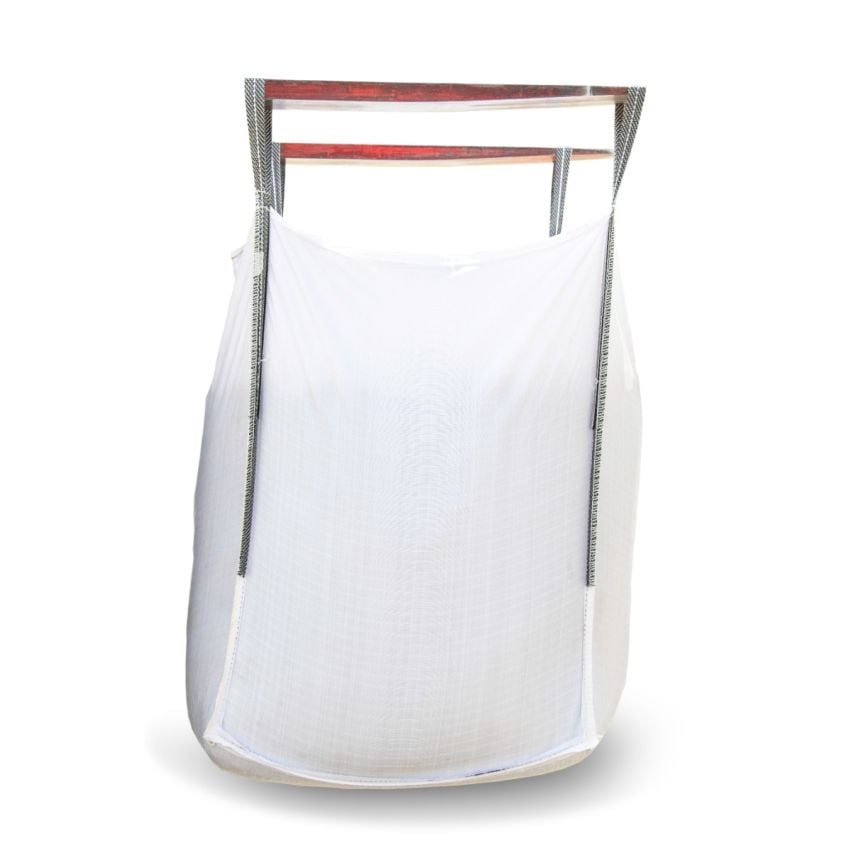 White trash bag with a red label on a white background