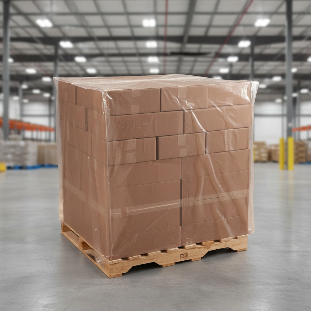 Stack of cardboard boxes on a pallet in a warehouse that are coverd by Pacific Packaging Australia Pallet Bags.
