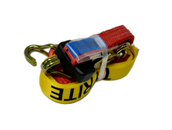 Ratchet strap with red webbing and yellow metal ratchets on a white background