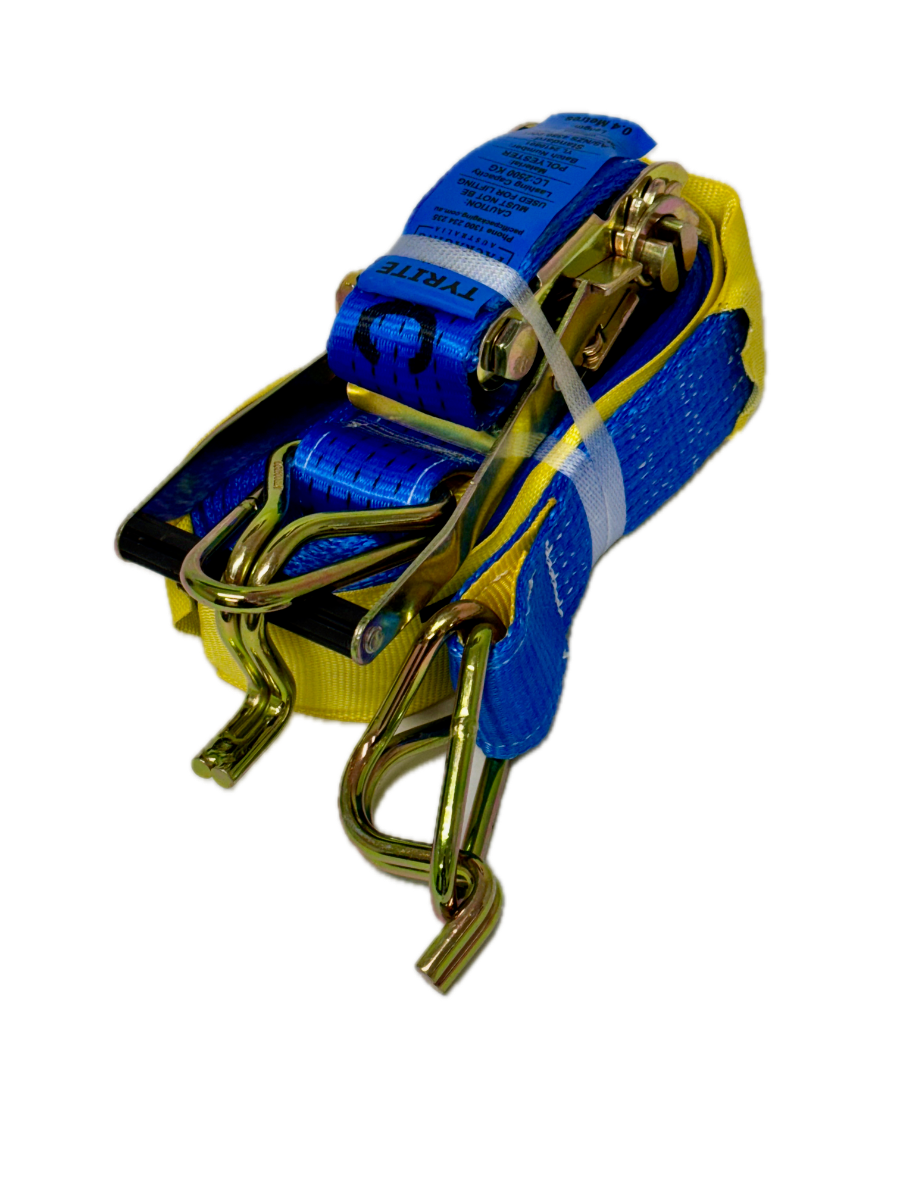 Blue and yellow ratchet strap on a white background