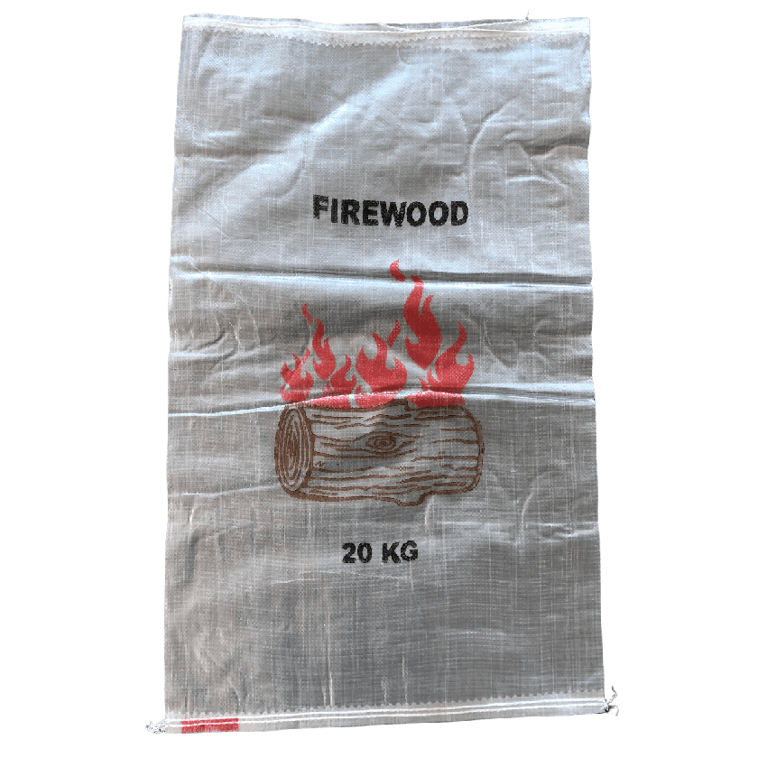 Firewood sack labeled FIREWOOD 20 KG with printed burning log graphic on woven polypropylene bag