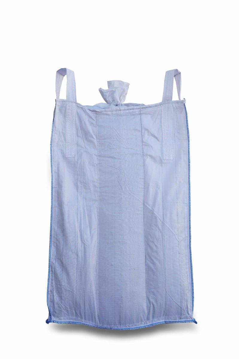 White baffle FIBC bulk bag with blue trim, top spout and four lifting loops