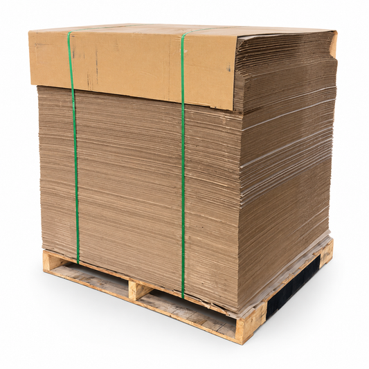 Stack of 1165 × 1165 mm pallet pads banded with green strapping on a timber pallet