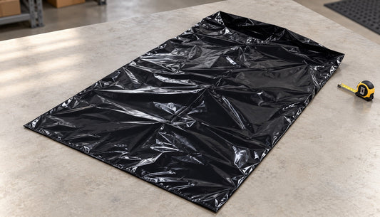 Empty black bin liner laid out on a commercial work surface beside a measuring tape