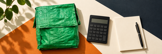 Green woven bags, calculator and notebook on a buying desk