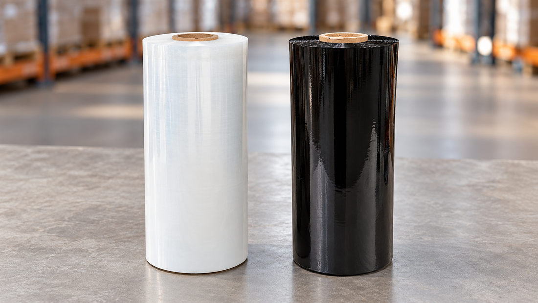 Clear and black machine stretch film rolls standing upright on a warehouse packing surface