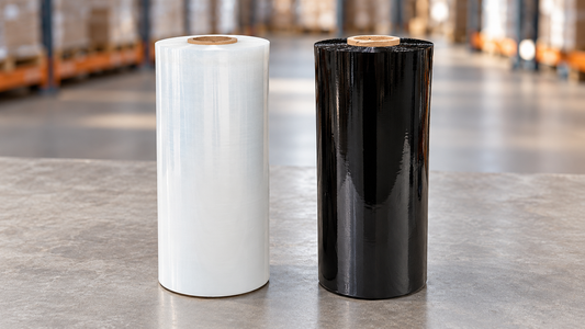 Clear and black machine stretch film rolls standing upright on a warehouse packing surface