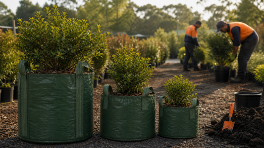 Green woven HDPE planter bags with matching webbing handles at a commercial nursery, showing different sizes