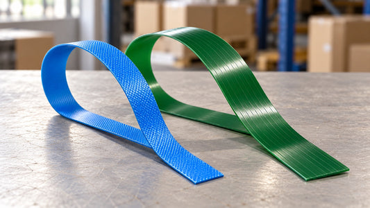 Blue embossed polypropylene and green smooth polyester strapping samples on a warehouse packing bench