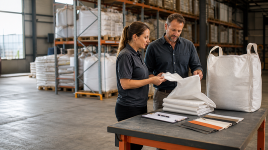 Australian business buyer and packaging specialist reviewing industrial bag samples in a warehouse