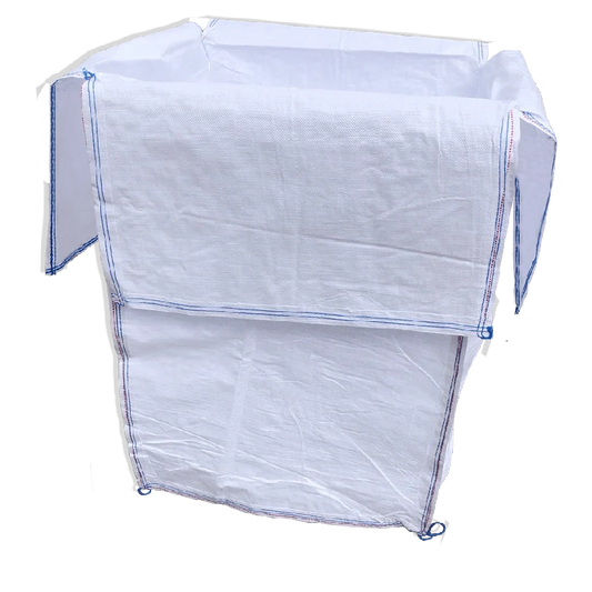 White woven polypropylene wool pack with blue double-stitched seam