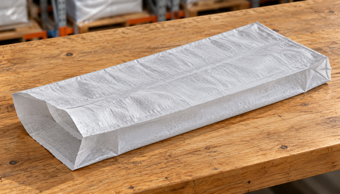 Empty unprinted gusseted woven polypropylene sack lying on a timber packing bench with its open mouth visible