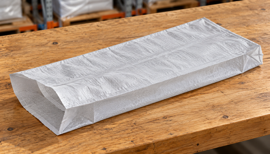 Empty unprinted gusseted woven polypropylene sack lying on a timber packing bench with its open mouth visible