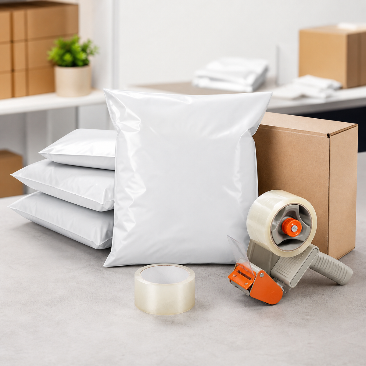 Courier and ecommerce fulfilment packaging including courier bags, cartons, tape and a tape dispenser