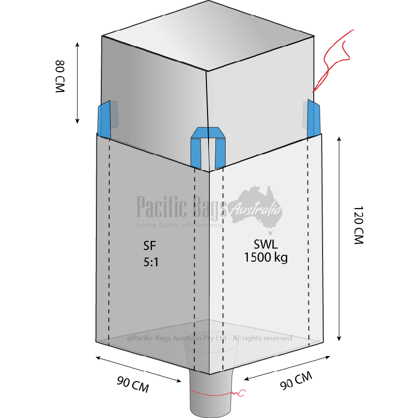 Duffle top bulk bags with discharge spouts for dry materials.