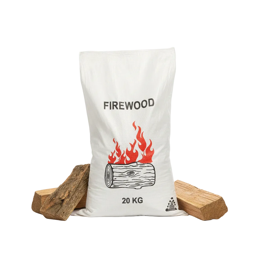 Colorful printed firewood bags stacked together