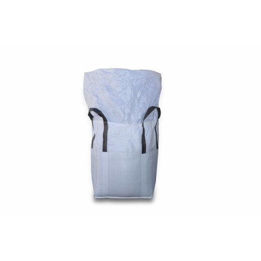 White FIBC bulk bag with four black lifting loops and extended filling skirt, empty on white background
