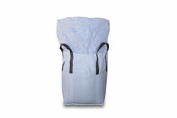 Light blue backpack with black straps on a white background