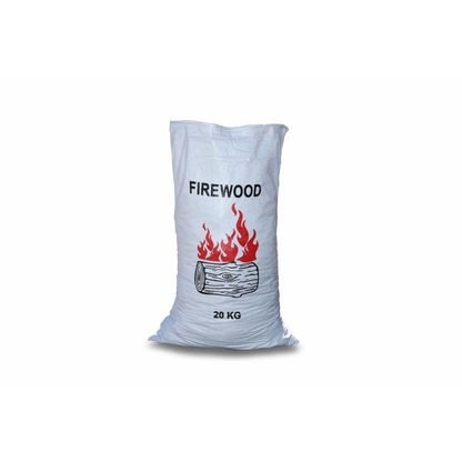 Bag of firewood labeled '20 KG' on a white background