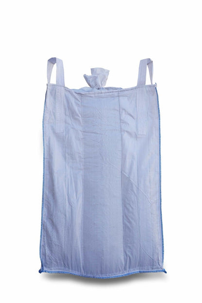 FIBC bulk bag with top discharge spout and four lifting loops, blue-trimmed on white background