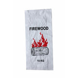 Firewood bag printed with FIREWOOD, red flame burning-log graphic and 15 KG weight label on white woven sack
