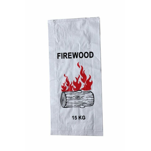 Firewood bag printed with FIREWOOD, red flame burning-log graphic and 15 KG weight label on white woven sack