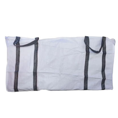 White woven polypropylene skip bag, front view, with visible seams and handles