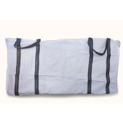 white woven polypropylene moving bag folded with black woven carrying straps on white background